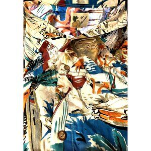 Mens Ron Chereskin Hawaiian Style L Shirt Button Down S/S Palm Tree Flamingo